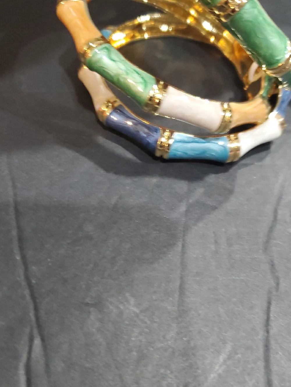 Natasha couture 3 piece stacked gold‎ tone enamel bamboo gemstone bangle set